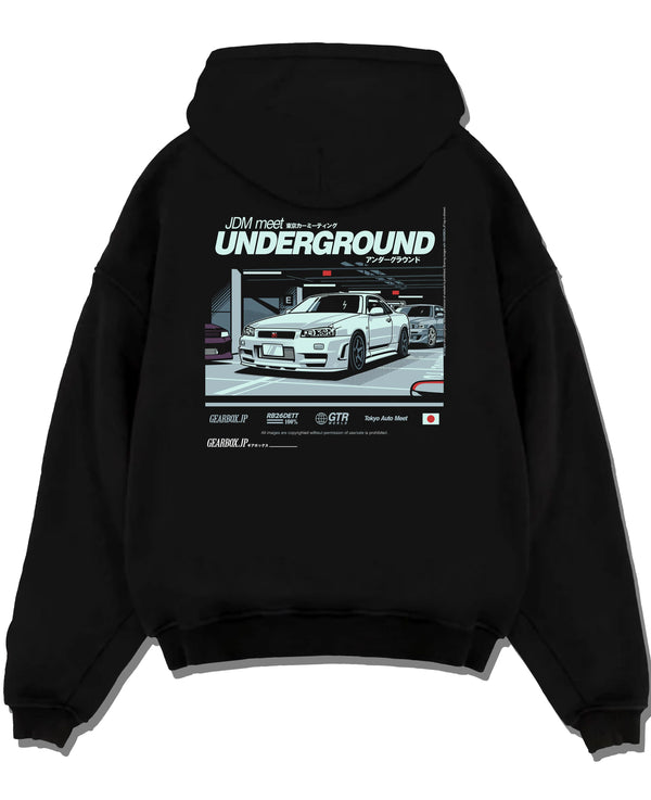 Black pullover hoodie laid flat on a white background, featuring Nissan 240SX rs turbo racing drift jdm japanese street graphic.