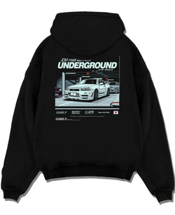 Black pullover hoodie laid flat on a white background, featuring Nissan 240SX rs turbo racing drift jdm japanese street graphic.