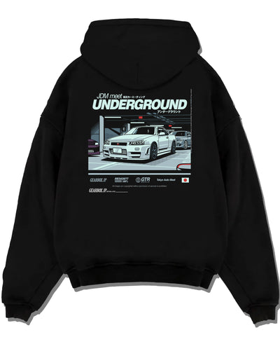 Black pullover hoodie laid flat on a white background, featuring Nissan 240SX rs turbo racing drift jdm japanese street graphic.