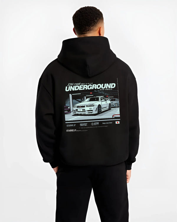 Black hoodie worn by a male model, back view, featuring Nissan 240SX rs turbo racing drift jdm japanese street classic graphic.