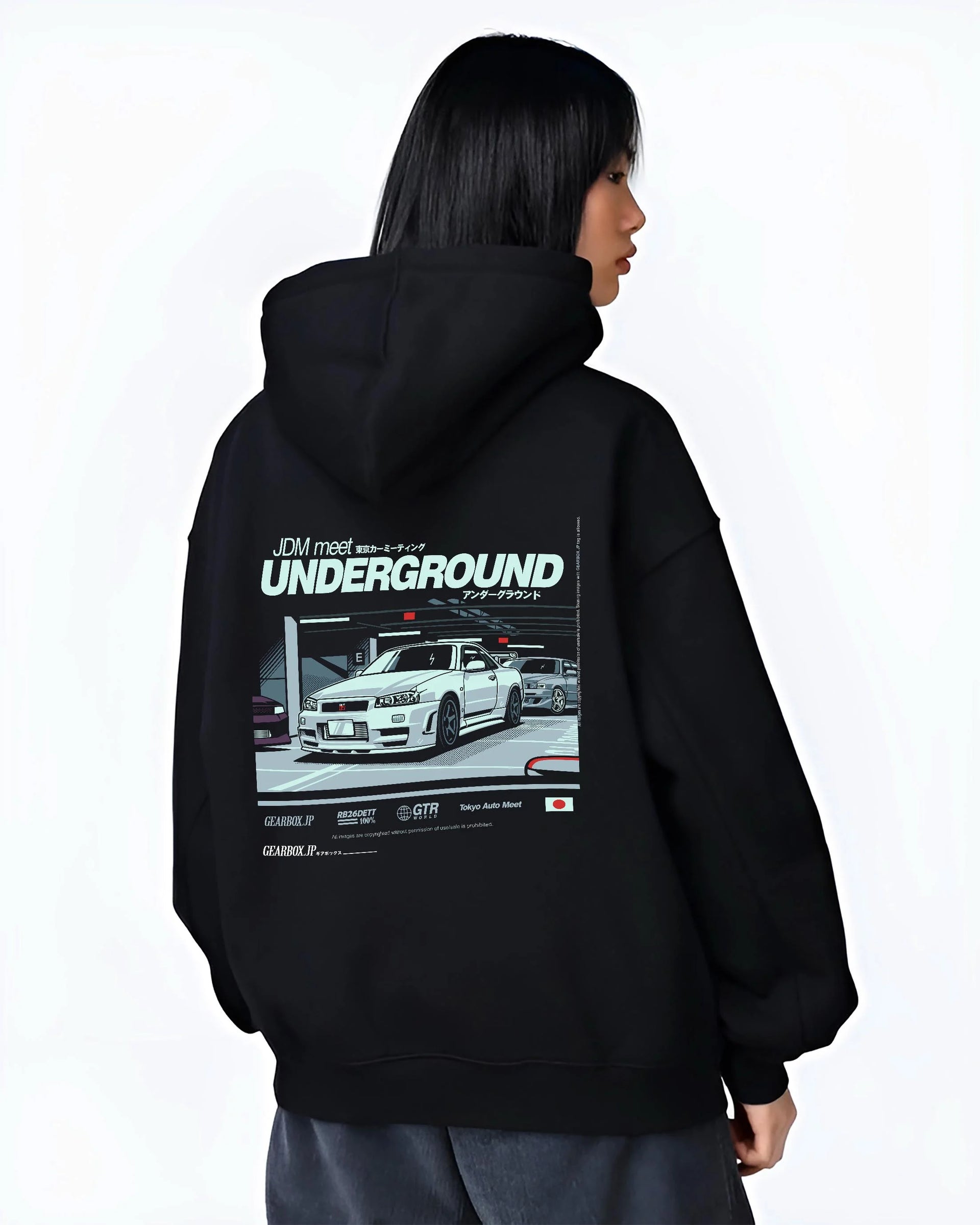 Black hoodie worn by a female model, back view, featuring Nissan 240SX rs turbo racing drift jdm japanese street classic graphic.