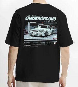 Black T-shirt worn by a male model, back view, featuring Nissan 240SX rs turbo racing drift jdm japanese street classic graphic.