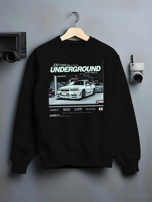 Black crewneck sweatshirt on a hanger against a grey wall, featuring Nissan 240SX rs turbo racing drift jdm japanese street graphic.