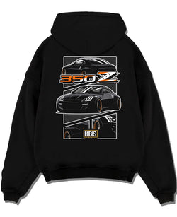 Black pullover hoodie laid flat on a white background, featuring Nissan Silvia rs turbo racing drift motorsport jdm graphic.