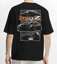 Black T-shirt worn by a male model, back view, featuring Nissan Silvia rs turbo racing drift motorsport jdm japanese street graphic.
