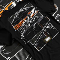 Black T-shirt laid flat with natural fabric folds, featuring Nissan Silvia rs turbo racing drift motorsport jdm japanese graphic.