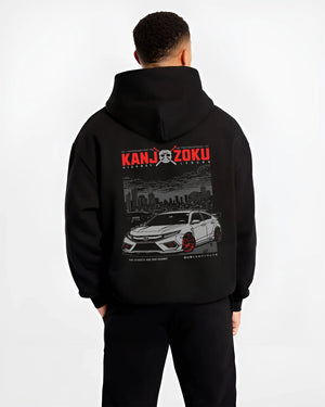 Black hoodie worn by a male model, back view, featuring Honda Nsx rs racing motorsport jdm street classic graphic.