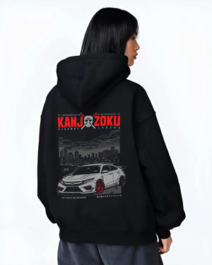 Black hoodie worn by a female model, back view, featuring Honda Nsx rs racing motorsport jdm street classic graphic.