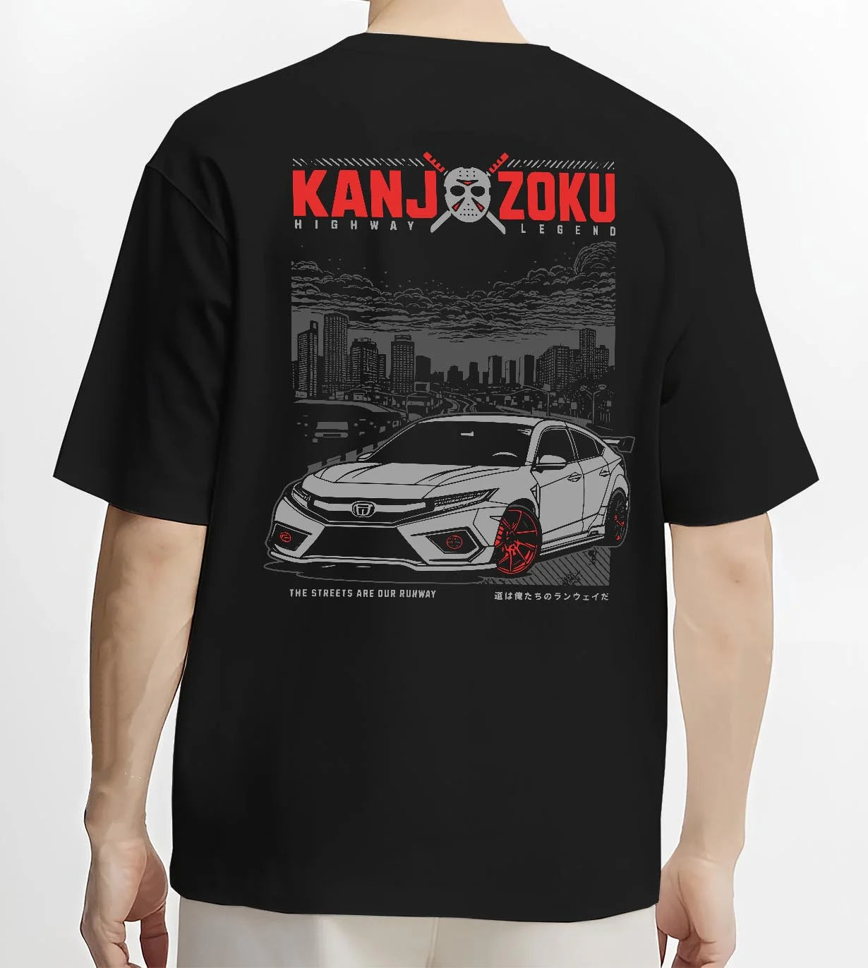 Black T-shirt worn by a male model, back view, featuring Honda Nsx rs racing motorsport jdm street classic graphic.