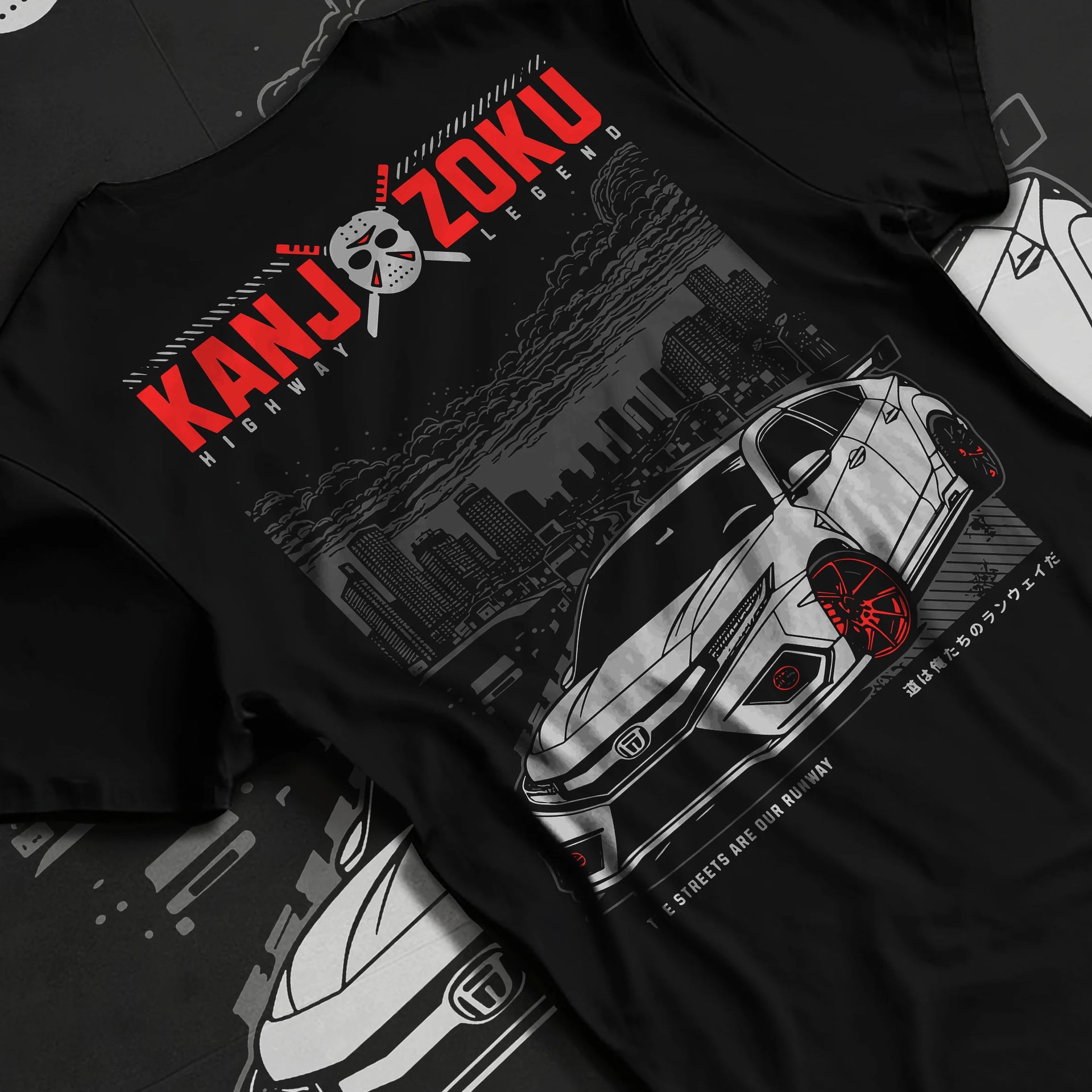 Black T-shirt laid flat with natural fabric folds, featuring Honda Nsx rs racing motorsport jdm street classic graphic.