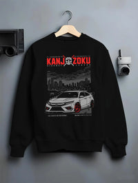 Black crewneck sweatshirt on a hanger against a grey wall, featuring Honda Nsx rs racing motorsport jdm street classic graphic.