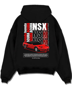 Black pullover hoodie laid flat on a white background, featuring Honda Nsx drift jdm japanese street retro legend graphic.