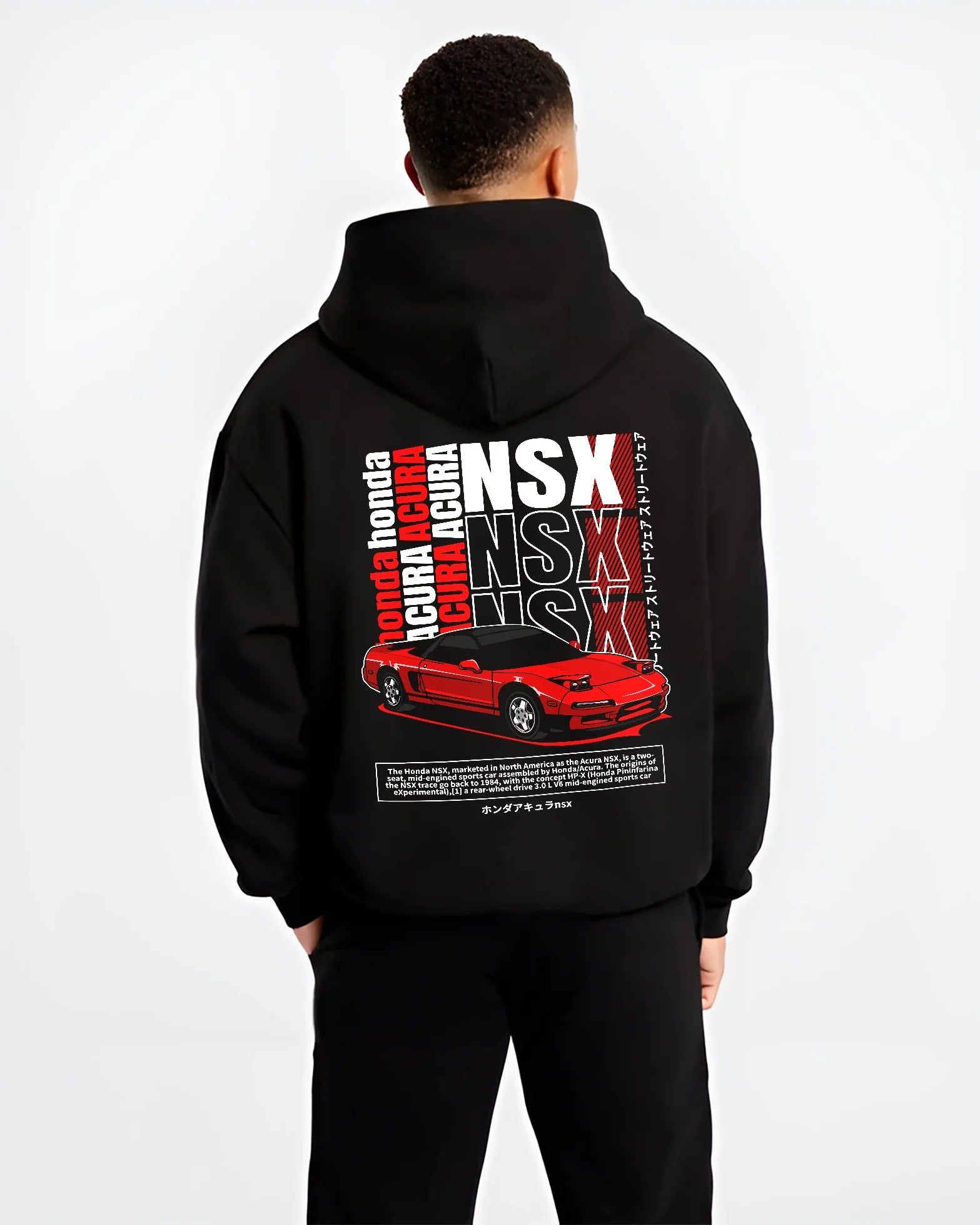 Black hoodie worn by a male model, back view, featuring Honda Nsx drift jdm japanese street retro legend graphic.