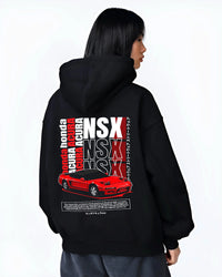 Black hoodie worn by a female model, back view, featuring Honda Nsx drift jdm japanese street retro legend graphic.