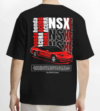 Black T-shirt worn by a male model, back view, featuring Honda Nsx drift jdm japanese street retro legend graphic.