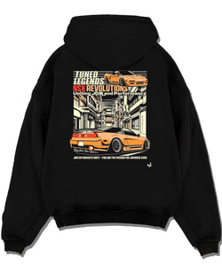 Black pullover hoodie laid flat on a white background, featuring Honda Nsx drift jdm japanese street legend racing graphic.