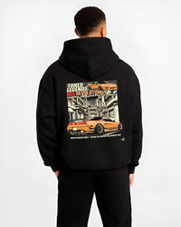 Black hoodie worn by a male model, back view, featuring Honda Nsx drift jdm japanese street legend racing graphic.