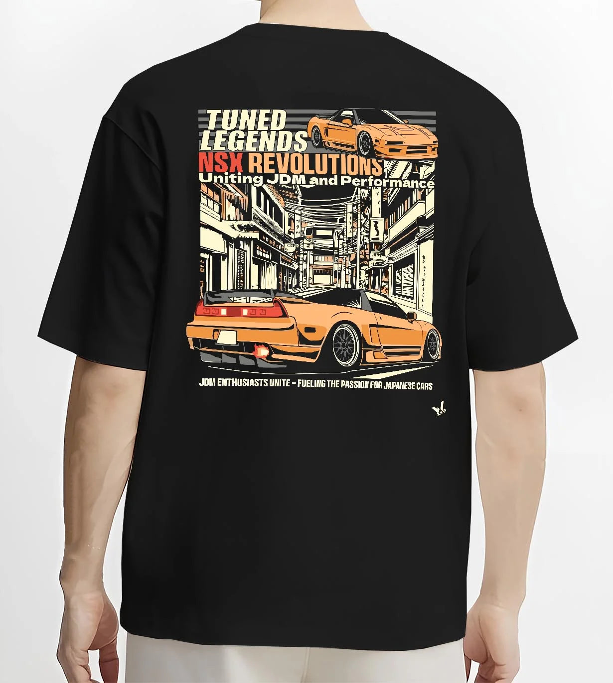 Black T-shirt worn by a male model, back view, featuring Honda Nsx drift jdm japanese street legend racing graphic.