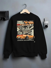 Black crewneck sweatshirt on a hanger against a grey wall, featuring Honda Nsx drift jdm japanese street legend racing graphic.