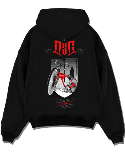 Black pullover hoodie laid flat on a white background, featuring street retro racing performance motorsport automotive osclwb.