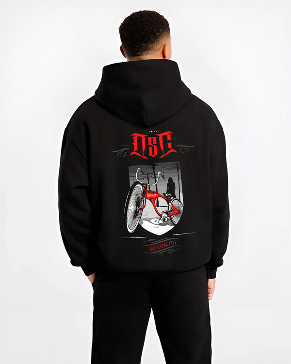 Black hoodie worn by a male model, back view, featuring street retro racing performance motorsport automotive enthusiast osclwb.