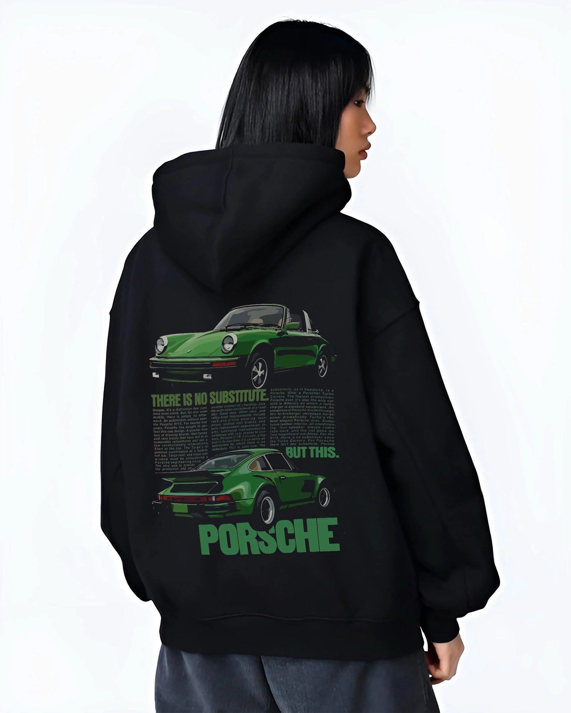 Black hoodie worn by a female model, back view, featuring Porsche 911 rs street retro vintage classic enthusiast graphic.