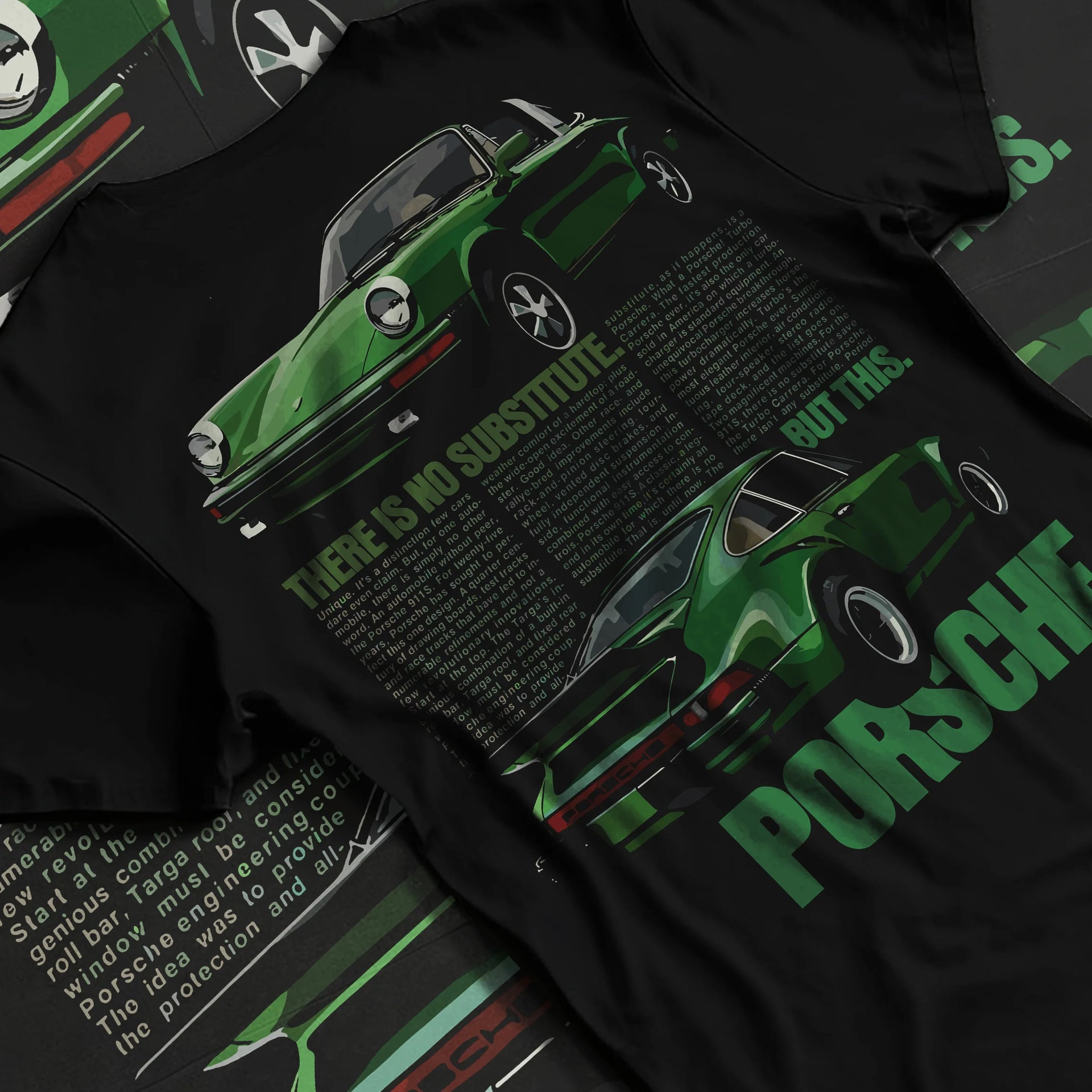 Black T-shirt laid flat with natural fabric folds, featuring Porsche 911 rs street retro vintage classic enthusiast graphic.