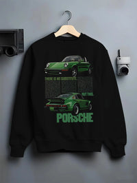 Black crewneck sweatshirt on a hanger against a grey wall, featuring Porsche 911 rs street retro vintage classic enthusiast graphic.