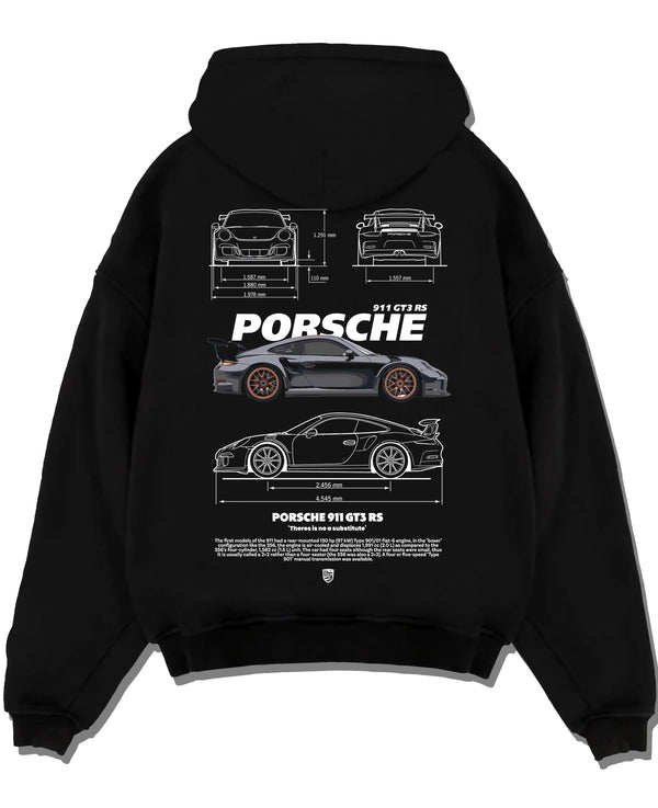 Black pullover hoodie laid flat on a white background, featuring Porsche 911 GT3 RS gt3 rs 911 racing motorsport street graphic.