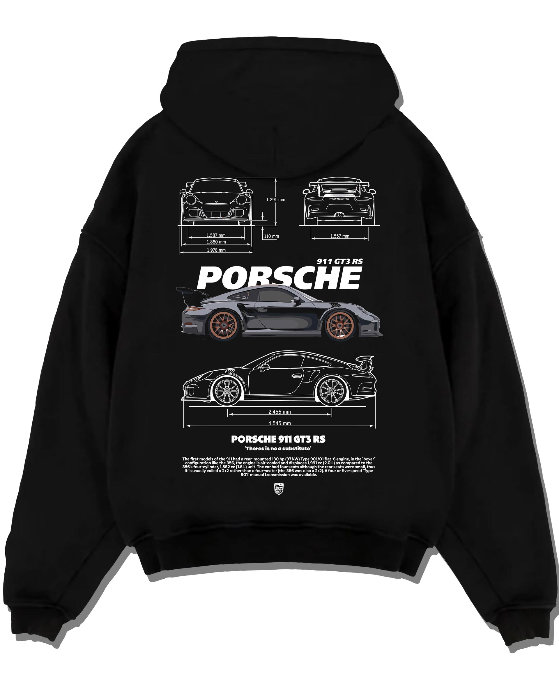 Black pullover hoodie laid flat on a white background, featuring Porsche 911 GT3 RS gt3 rs 911 racing motorsport street graphic.