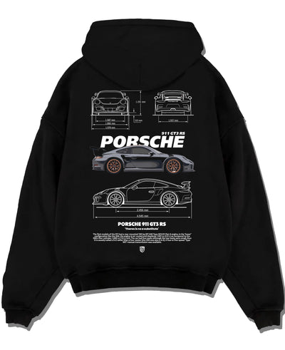 Black pullover hoodie laid flat on a white background, featuring Porsche 911 GT3 RS gt3 rs 911 racing motorsport street graphic.