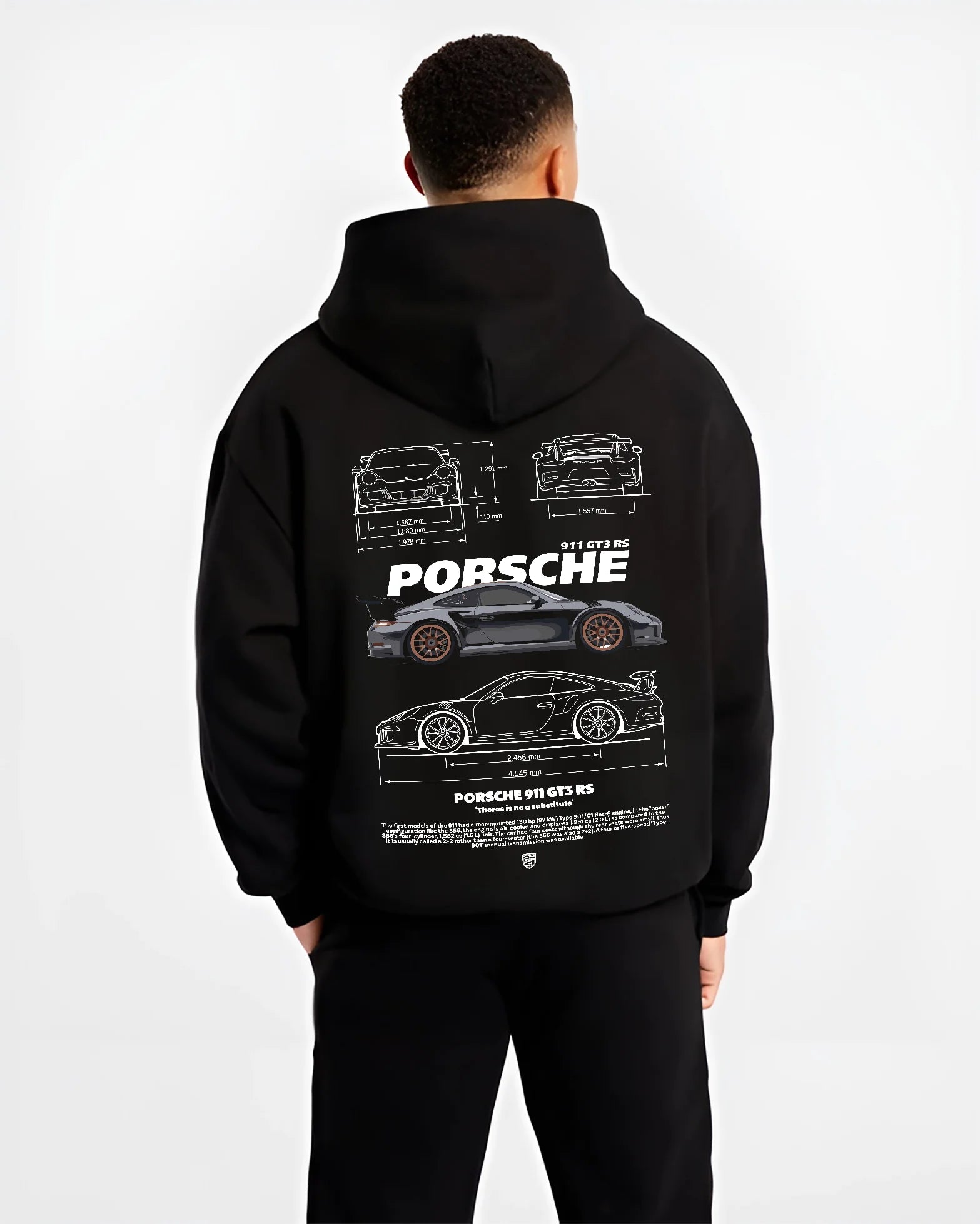Black hoodie worn by a male model, back view, featuring Porsche 911 GT3 RS gt3 rs 911 racing motorsport street graphic.