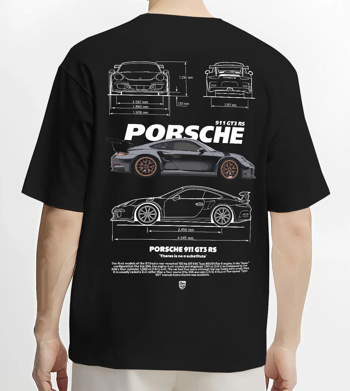 Black T-shirt worn by a male model, back view, featuring Porsche 911 GT3 RS gt3 rs 911 racing motorsport street graphic.
