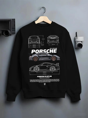 Black crewneck sweatshirt on a hanger against a grey wall, featuring Porsche 911 GT3 RS gt3 rs 911 racing motorsport street graphic.