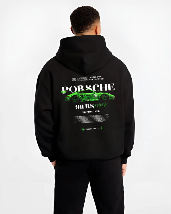 Black hoodie worn by a male model, back view, featuring Porsche 911 rs racing drift motorsport japanese street graphic.
