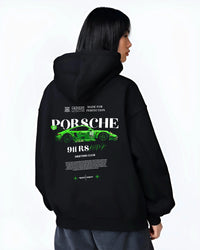 Black hoodie worn by a female model, back view, featuring Porsche 911 rs racing drift motorsport japanese street graphic.