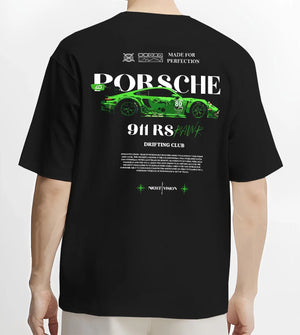 Black T-shirt worn by a male model, back view, featuring Porsche 911 rs racing drift motorsport japanese street graphic.