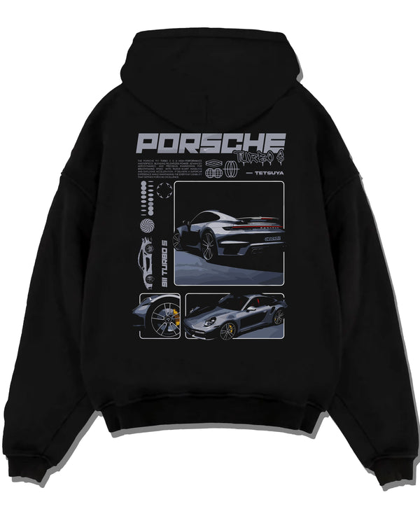Black pullover hoodie laid flat on a white background, featuring Porsche 911 Turbo S rs 911 turbo racing motorsport street graphic.