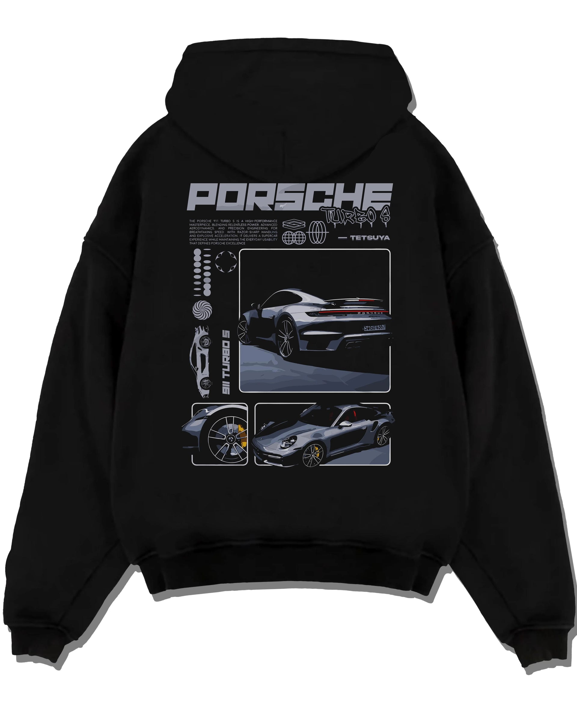 Black pullover hoodie laid flat on a white background, featuring Porsche 911 Turbo S rs 911 turbo racing motorsport street graphic.