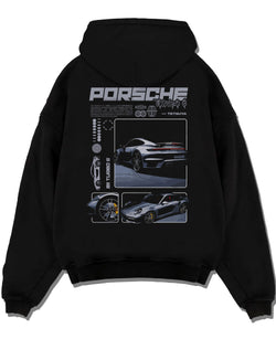 Black pullover hoodie laid flat on a white background, featuring Porsche 911 Turbo S rs 911 turbo racing motorsport street graphic.