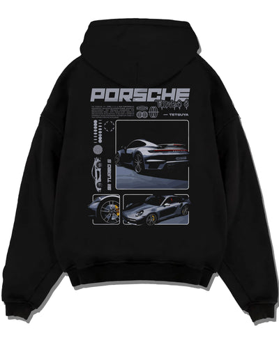 Black pullover hoodie laid flat on a white background, featuring Porsche 911 Turbo S rs 911 turbo racing motorsport street graphic.
