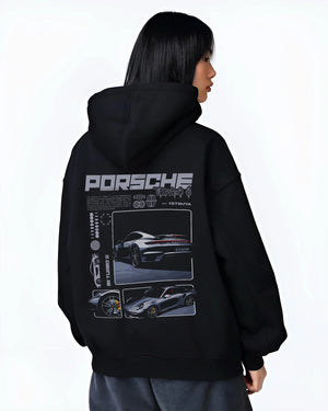 Black hoodie worn by a female model, back view, featuring Porsche 911 Turbo S rs 911 turbo racing motorsport street graphic.