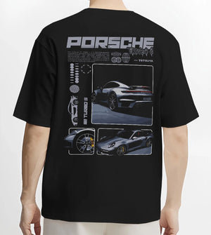 Black T-shirt worn by a male model, back view, featuring Porsche 911 Turbo S rs 911 turbo racing motorsport street graphic.