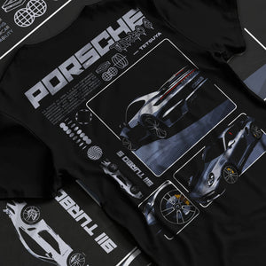 Black T-shirt laid flat with natural fabric folds, featuring Porsche 911 Turbo S rs 911 turbo racing motorsport street graphic.