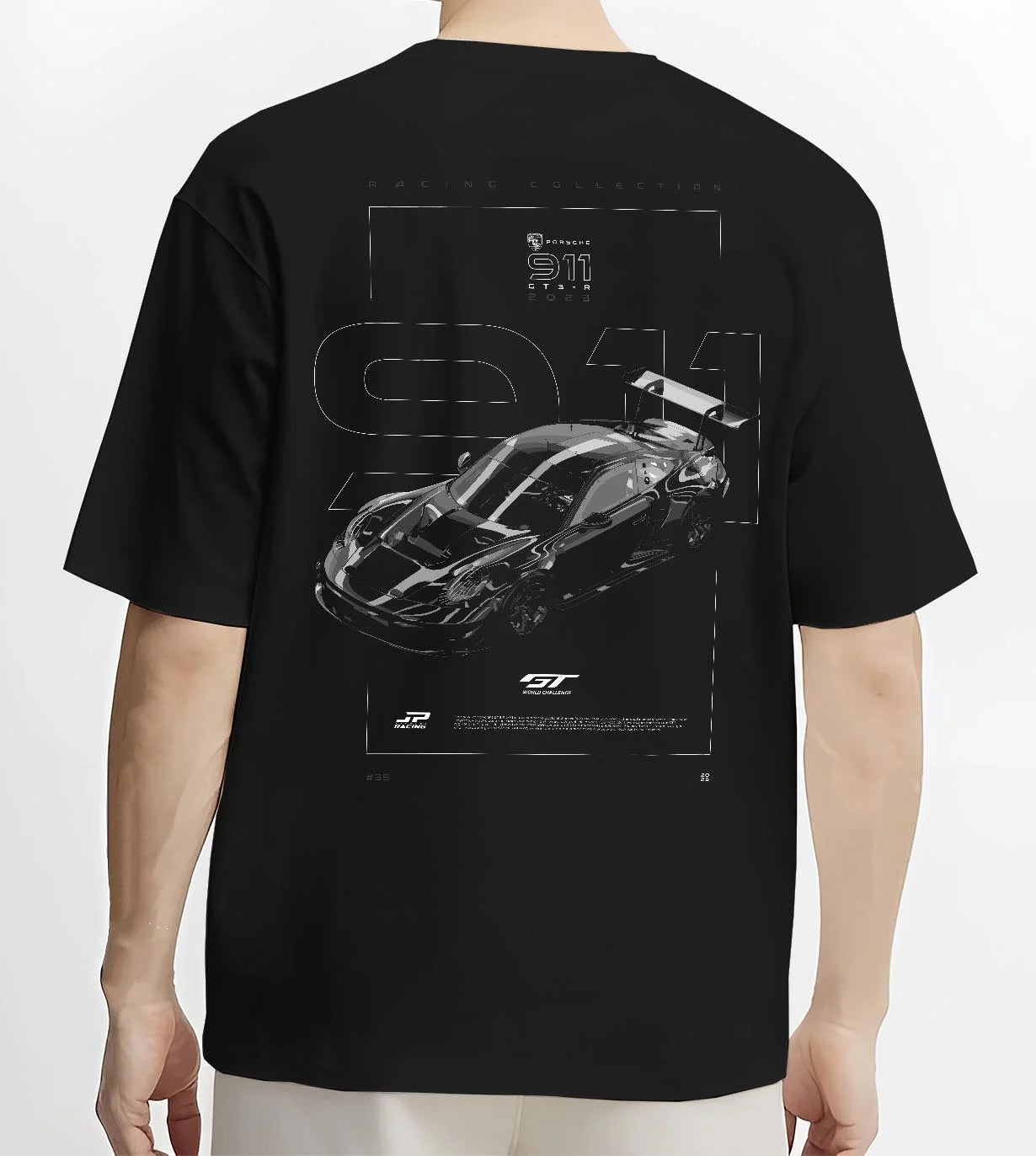 Black T-shirt worn by a male model, back view, featuring Porsche 911 Turbo rs 911 turbo turbocharged racing jdm german graphic.