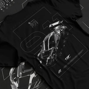 Black T-shirt laid flat with natural fabric folds, featuring Porsche 911 Turbo rs 911 turbo turbocharged racing jdm german graphic.