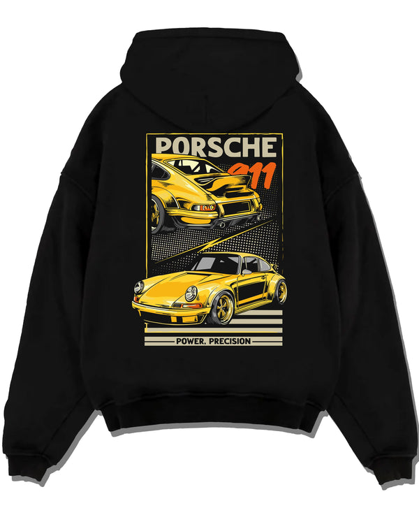 Black pullover hoodie laid flat on a white background, featuring Porsche 911 rs racing motorsport street retro vintage graphic.