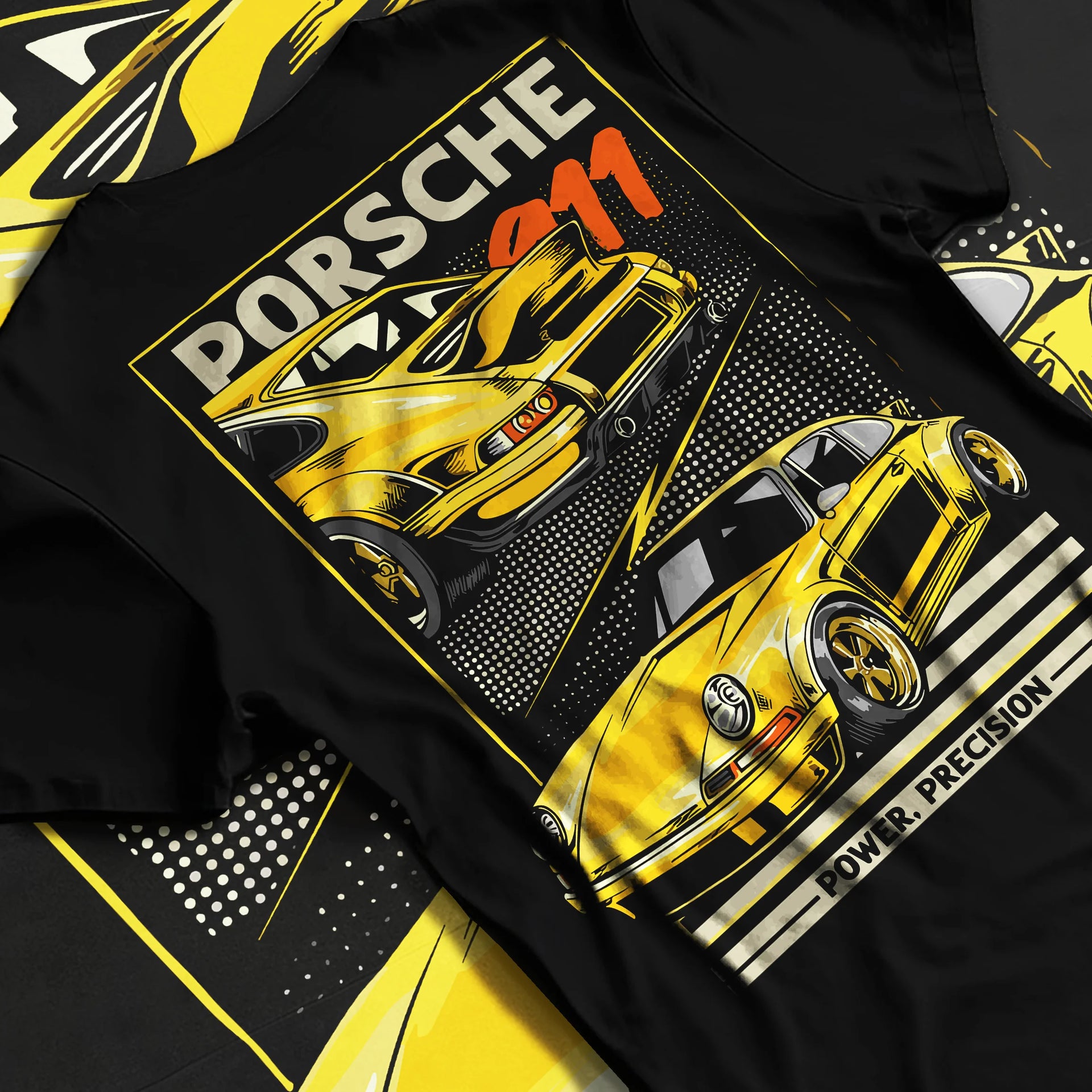 Black T-shirt laid flat with natural fabric folds, featuring Porsche 911 rs racing motorsport street retro vintage classic graphic.