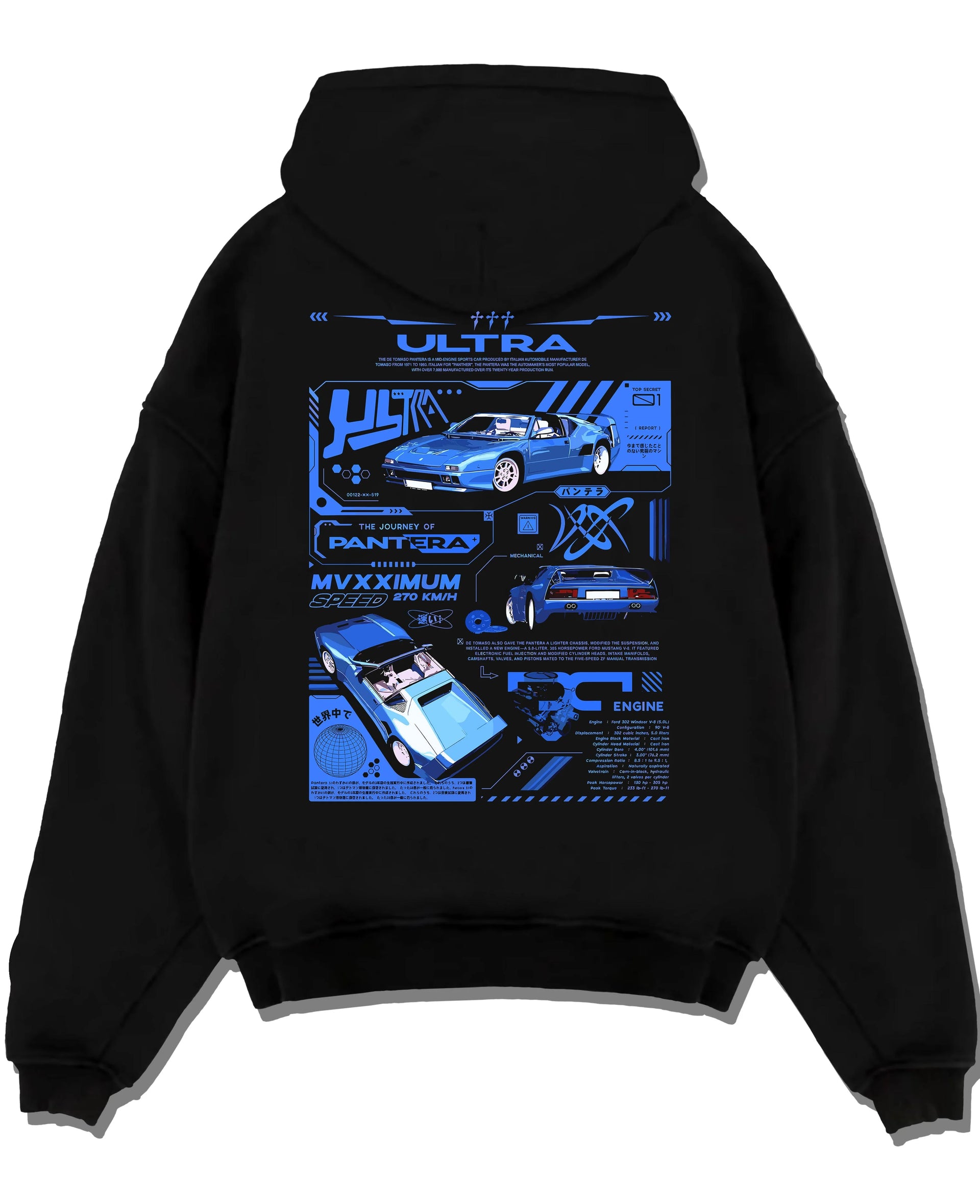 Black pullover hoodie laid flat on a white background, featuring racing italian street retro classic performance motorsport graphic.