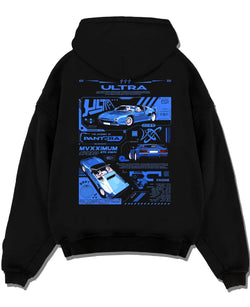 Black pullover hoodie laid flat on a white background, featuring racing italian street retro classic performance motorsport graphic.